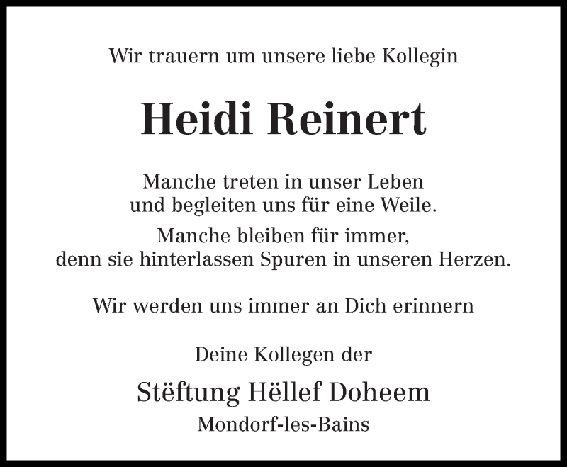  Traueranzeige für Heidi Reinert vom 12.05.2018 aus trierischer_volksfreund