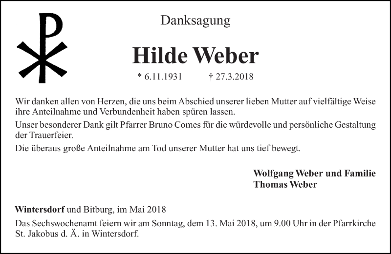  Traueranzeige für Hilde Weber vom 05.05.2018 aus trierischer_volksfreund