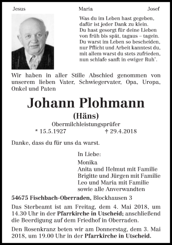 Traueranzeige von Johann Plohmann von trierischer_volksfreund