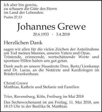 Traueranzeige von Johannes Grewe von trierischer_volksfreund