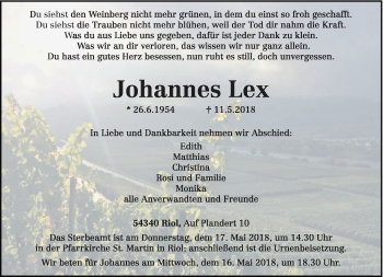 Traueranzeige von Johannes Lex von trierischer_volksfreund