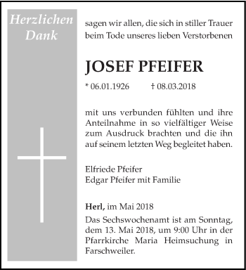 Traueranzeige von Josef Pfeifer von trierischer_volksfreund