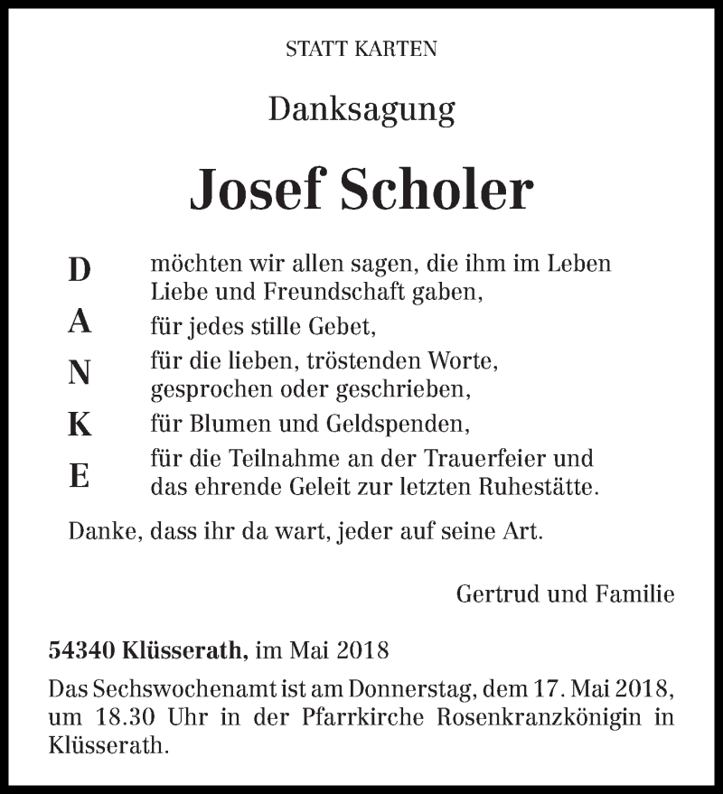  Traueranzeige für Josef Scholer vom 12.05.2018 aus trierischer_volksfreund
