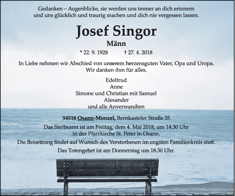  Traueranzeige für Josef Singor vom 02.05.2018 aus trierischer_volksfreund