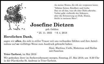 Traueranzeige von Josefine Dietzen von trierischer_volksfreund