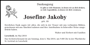 Traueranzeige von Josefine Jakoby von trierischer_volksfreund