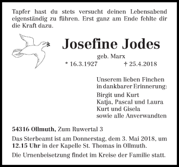 Traueranzeige von Josefine Jodes von trierischer_volksfreund