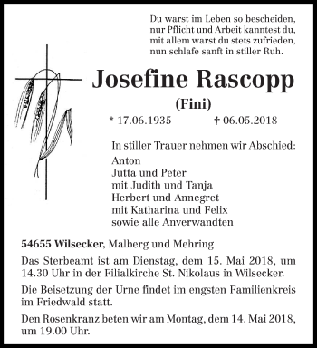 Traueranzeige von Josefine Rascopp von trierischer_volksfreund