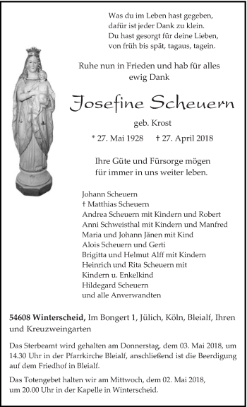 Traueranzeige von Josefine Scheuern von trierischer_volksfreund