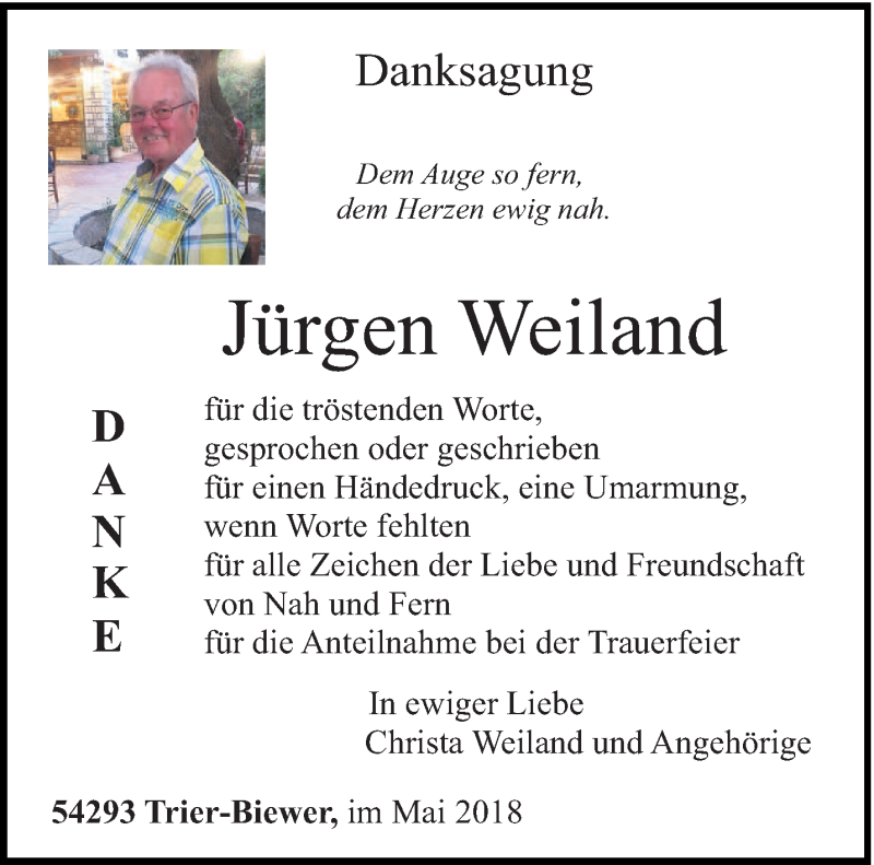  Traueranzeige für Jürgen Weiland vom 19.05.2018 aus trierischer_volksfreund