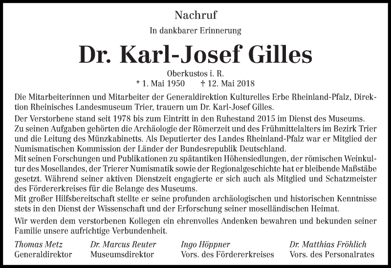 Traueranzeige für Karl-Josef Gilles vom 17.05.2018 aus trierischer_volksfreund