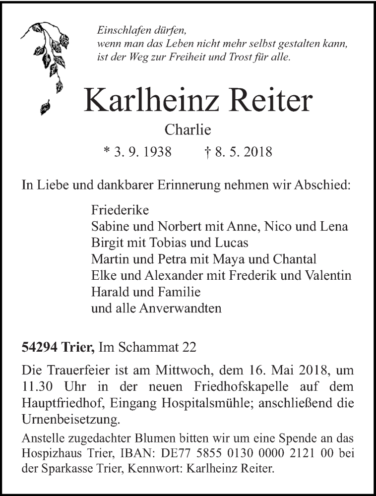  Traueranzeige für Karlheinz Reiter vom 12.05.2018 aus trierischer_volksfreund