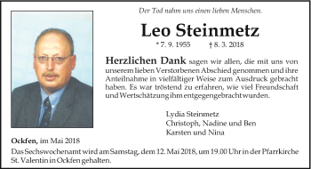 Traueranzeige von Leo Steinmetz von trierischer_volksfreund