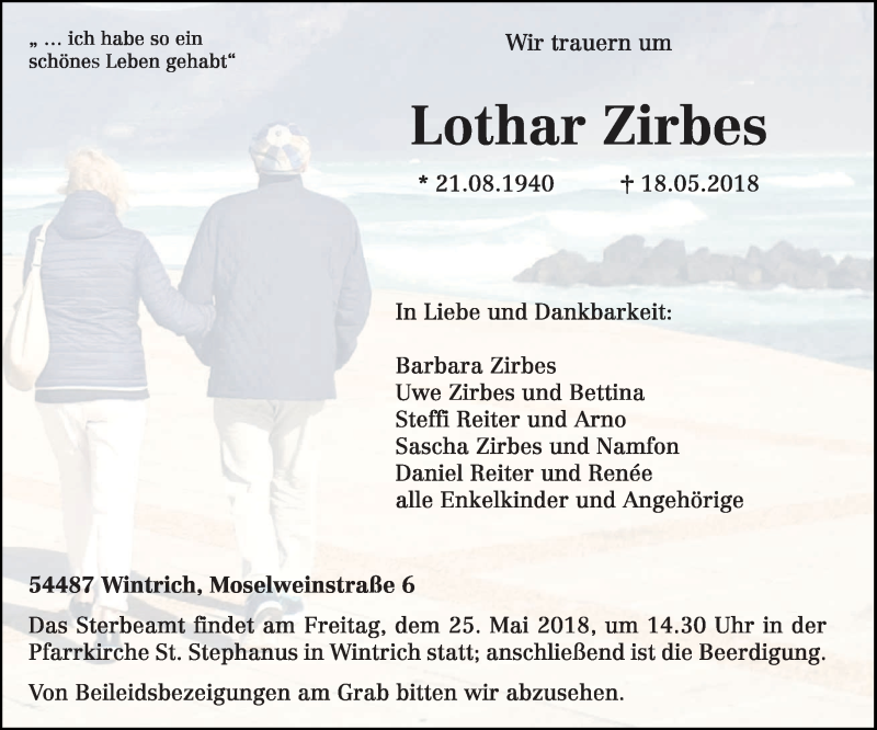  Traueranzeige für Lothar Zirbes vom 22.05.2018 aus trierischer_volksfreund