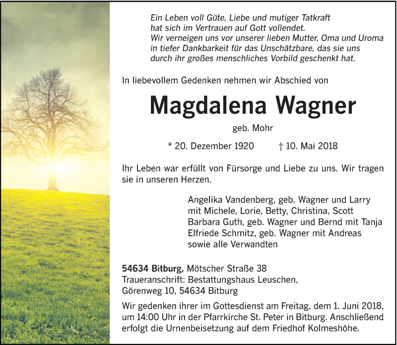  Traueranzeige für Magdalena Wagner vom 19.05.2018 aus trierischer_volksfreund
