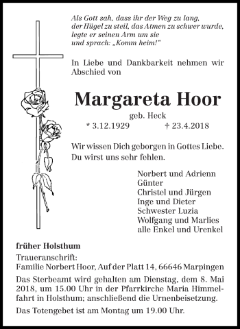 Traueranzeige von Margareta Hoor von trierischer_volksfreund