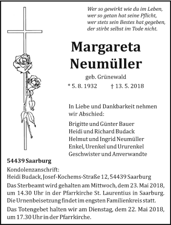 Traueranzeige von Margareta Neumüller von trierischer_volksfreund