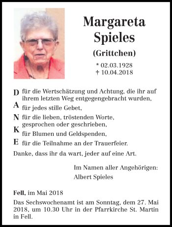 Traueranzeige von Margareta Spieles von trierischer_volksfreund