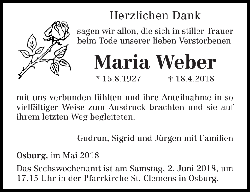  Traueranzeige für Maria Weber vom 30.05.2018 aus trierischer_volksfreund