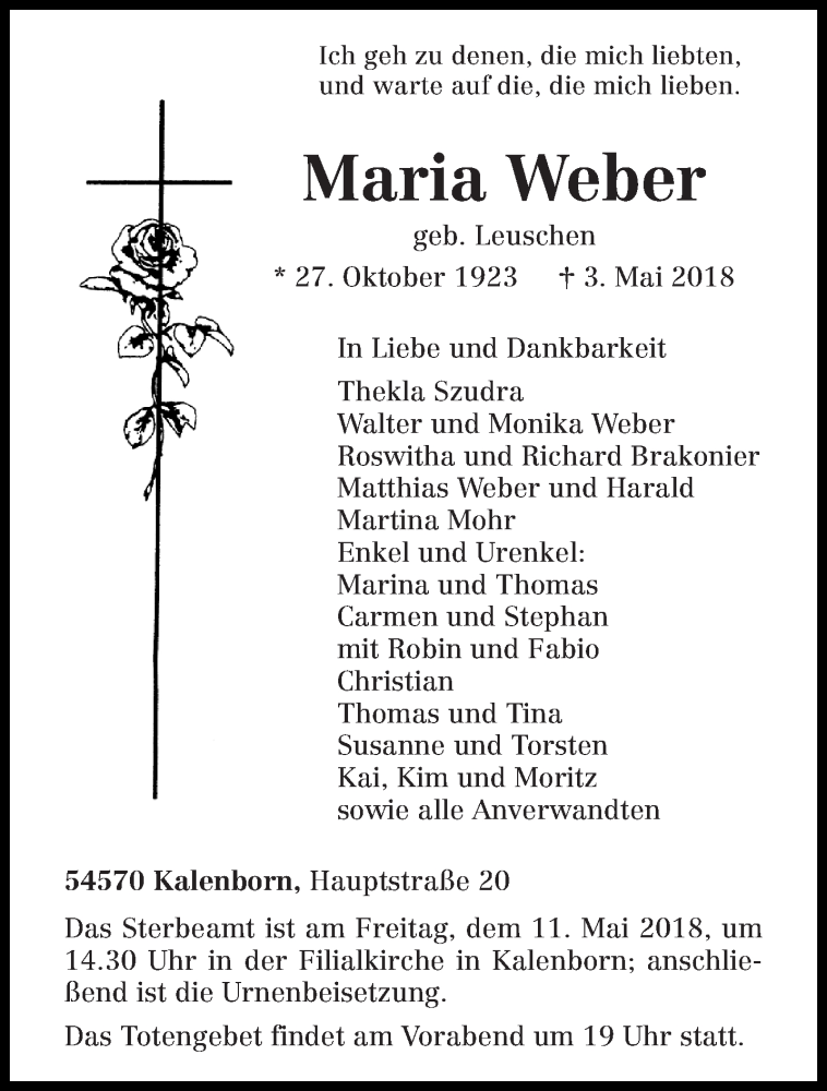  Traueranzeige für Maria Weber vom 08.05.2018 aus trierischer_volksfreund