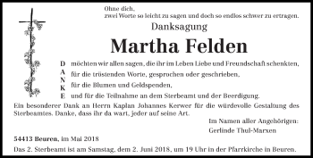 Traueranzeige von Martha Felden von trierischer_volksfreund