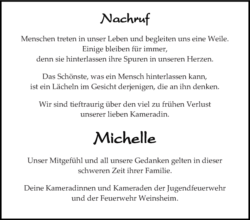  Traueranzeige für Michelle Heller vom 15.05.2018 aus trierischer_volksfreund