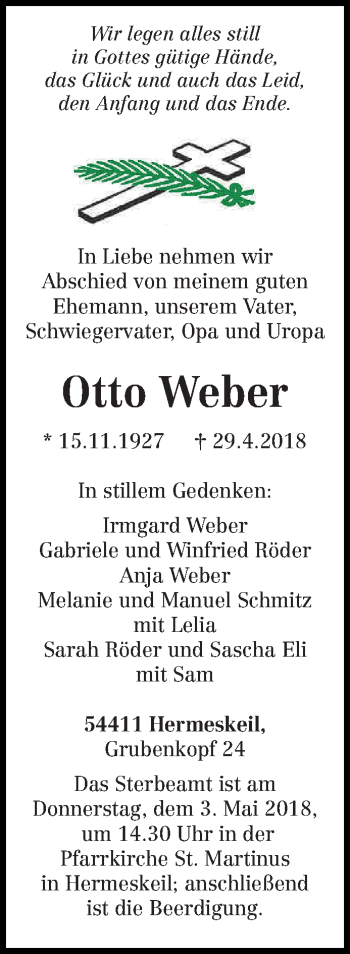 Traueranzeige von Otto Weber von trierischer_volksfreund