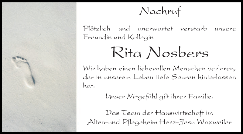  Traueranzeige für Rita Nosbers vom 02.05.2018 aus trierischer_volksfreund