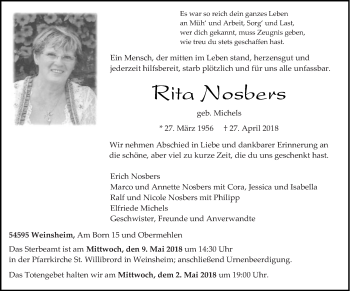 Traueranzeige von Rita Nosbers von trierischer_volksfreund