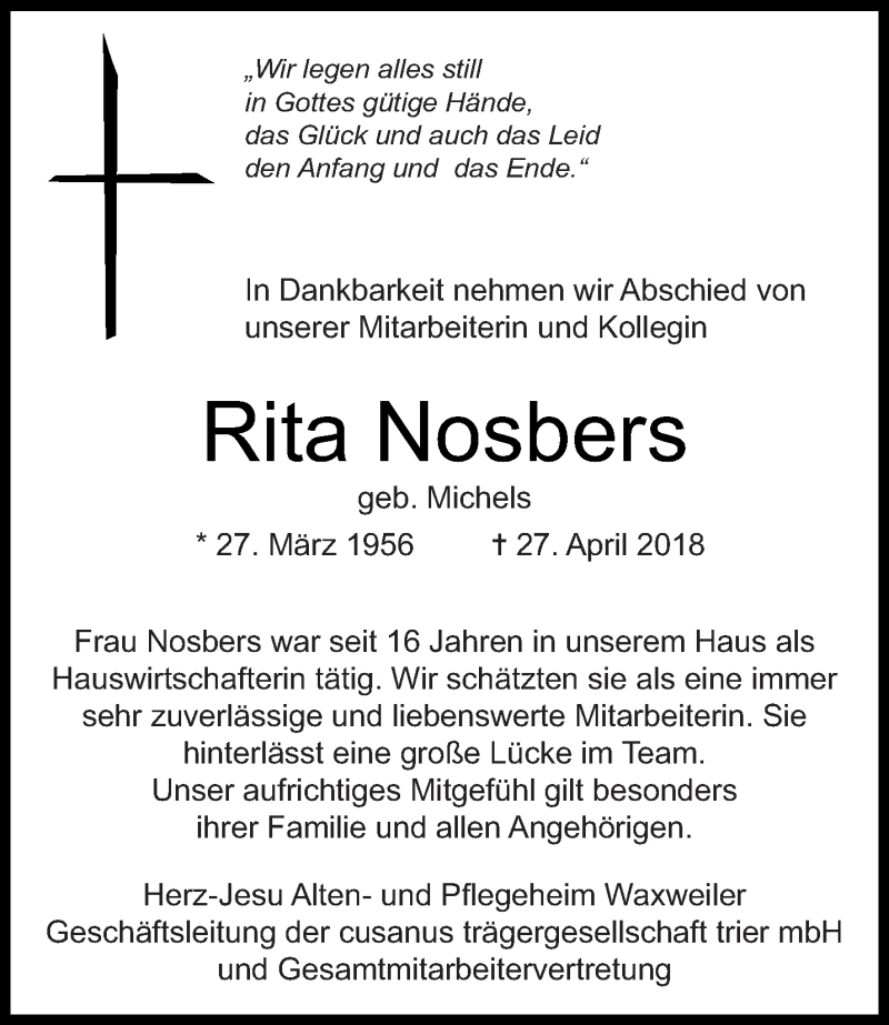  Traueranzeige für Rita Nosbers vom 02.05.2018 aus trierischer_volksfreund