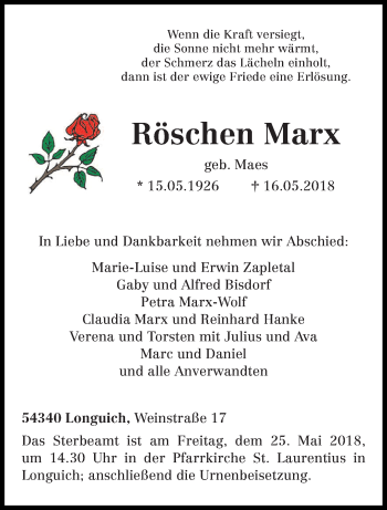 Traueranzeige von Röschen Marx von trierischer_volksfreund