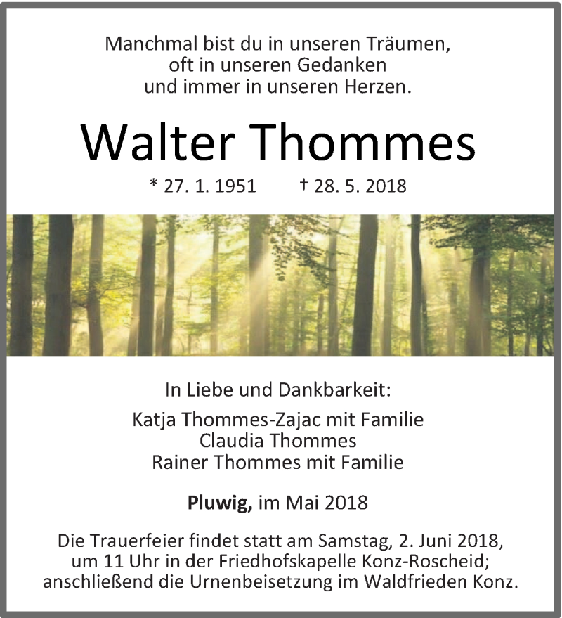 Traueranzeige für Walter Thommes vom 30.05.2018 aus trierischer_volksfreund