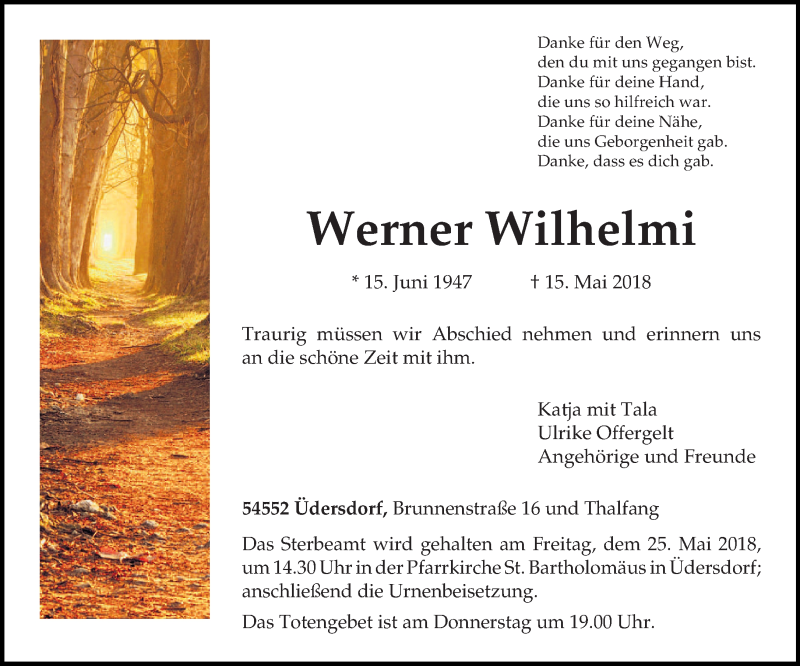  Traueranzeige für Werner Wilhelmi vom 19.05.2018 aus trierischer_volksfreund