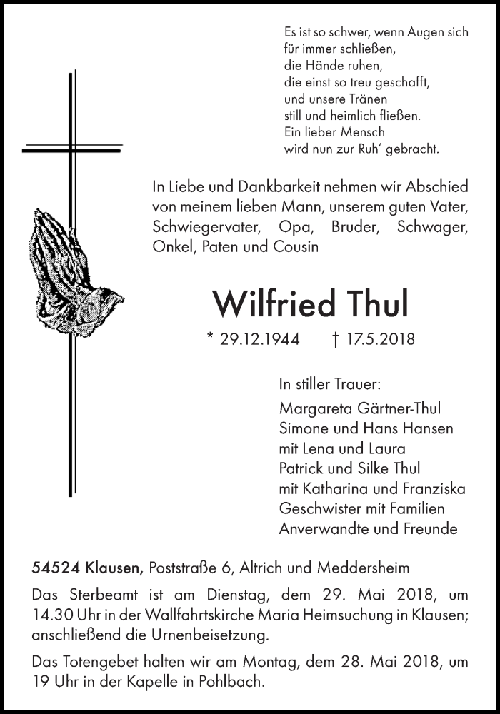  Traueranzeige für Wilfried Thul vom 24.05.2018 aus trierischer_volksfreund