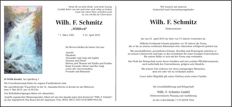  Traueranzeige für Wilhelm F. Schmitz vom 05.05.2018 aus trierischer_volksfreund