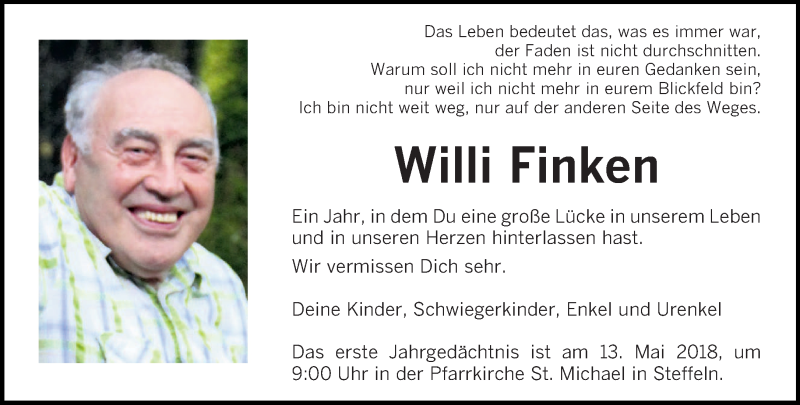  Traueranzeige für Willi Finken vom 05.05.2018 aus trierischer_volksfreund
