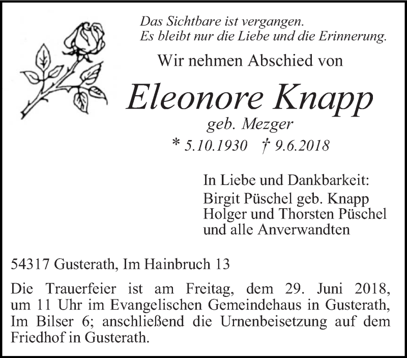  Traueranzeige für Eleonore Knapp vom 23.06.2018 aus trierischer_volksfreund