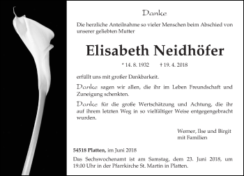 Traueranzeige von Elisabeth Neidhöfer von trierischer_volksfreund