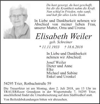 Traueranzeige von Elisabeth Weiler von trierischer_volksfreund