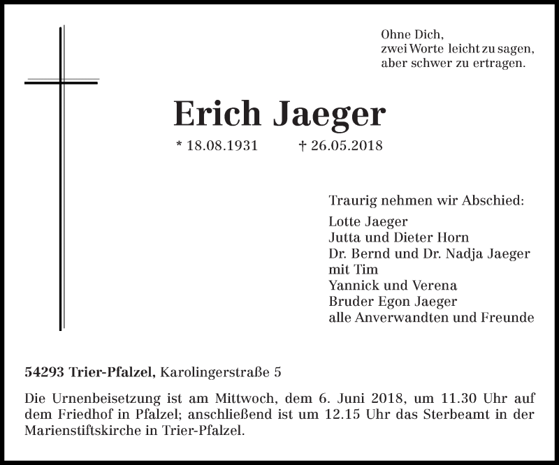  Traueranzeige für Erich Jaeger vom 02.06.2018 aus trierischer_volksfreund
