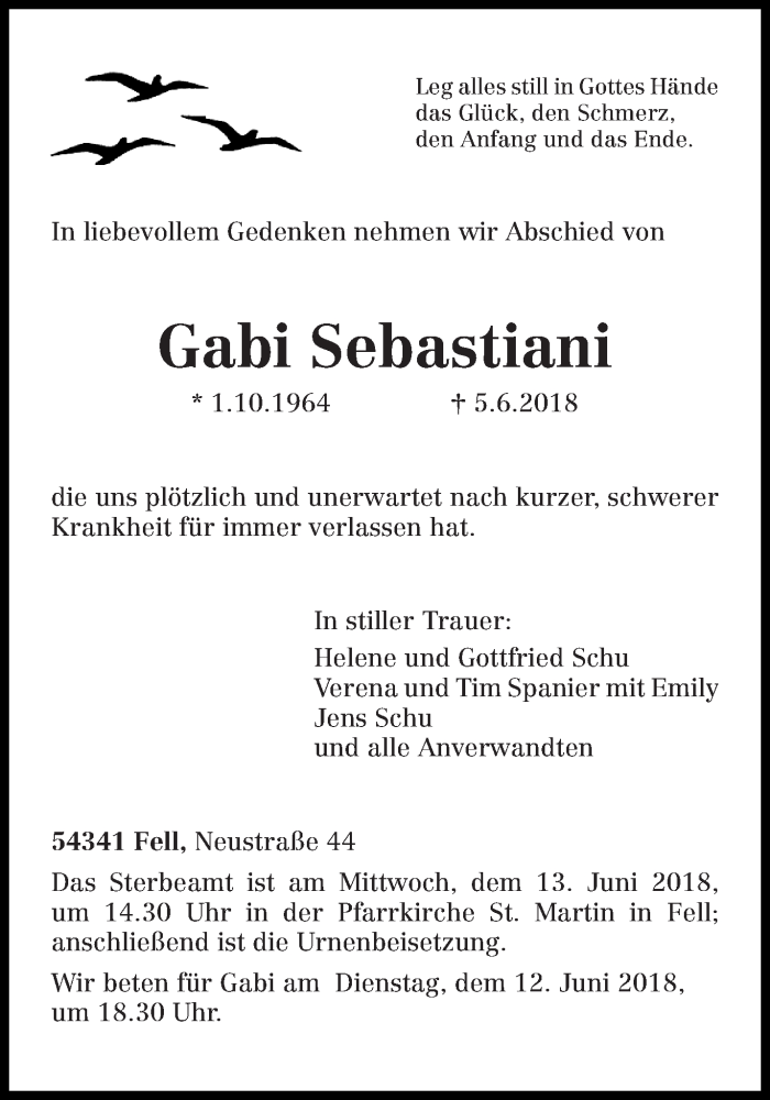  Traueranzeige für Gabi Sebastiani vom 09.06.2018 aus trierischer_volksfreund