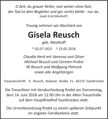 Traueranzeige von Gisela Reusch von trierischer_volksfreund