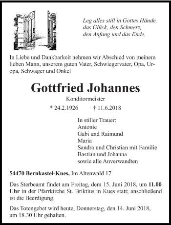 Traueranzeige von Gottfried Johannes von trierischer_volksfreund