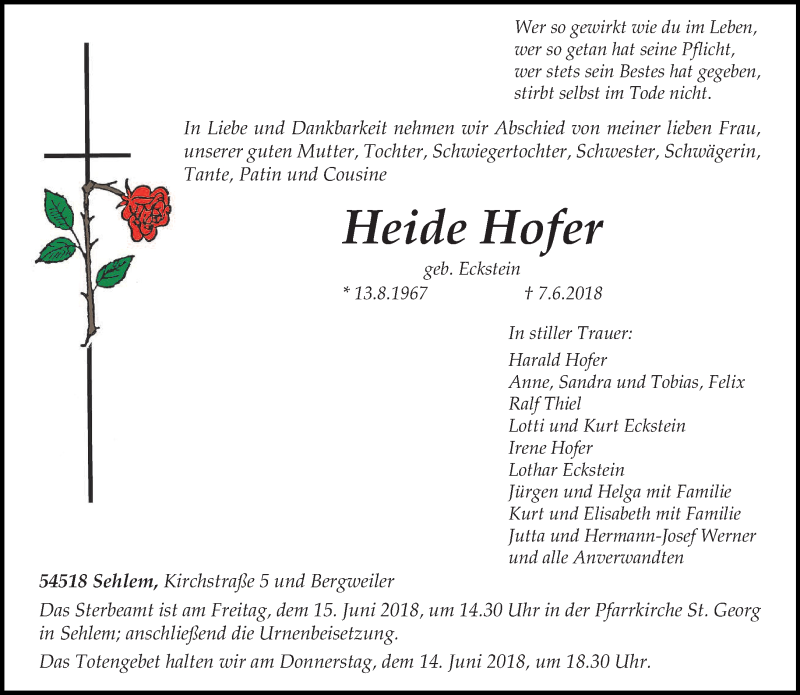  Traueranzeige für Heide Hofer vom 12.06.2018 aus trierischer_volksfreund