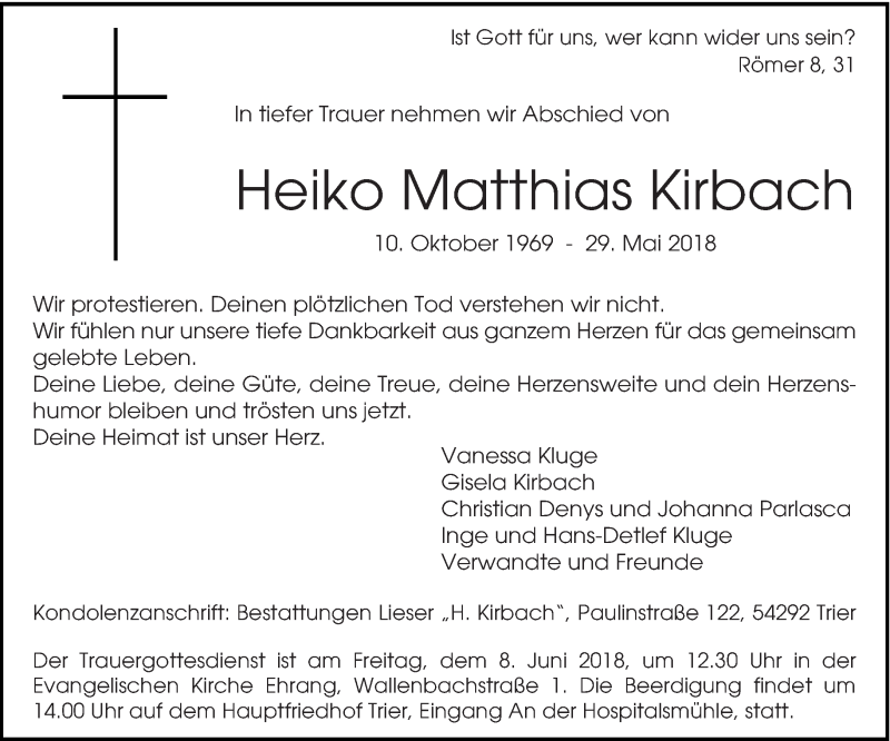  Traueranzeige für Heiko Matthias Kirbach vom 04.06.2018 aus trierischer_volksfreund