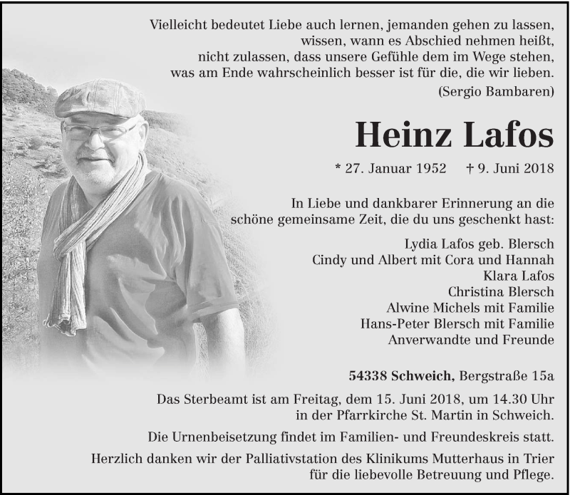  Traueranzeige für Heinz Lafos vom 12.06.2018 aus trierischer_volksfreund