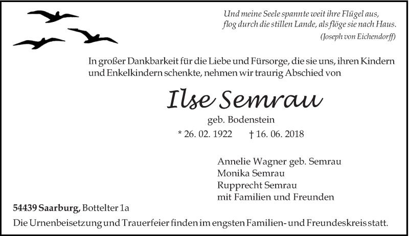  Traueranzeige für Ilse Semrau vom 23.06.2018 aus trierischer_volksfreund