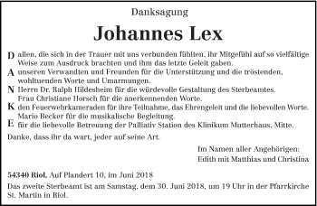 Traueranzeige von Johannes Lex von trierischer_volksfreund
