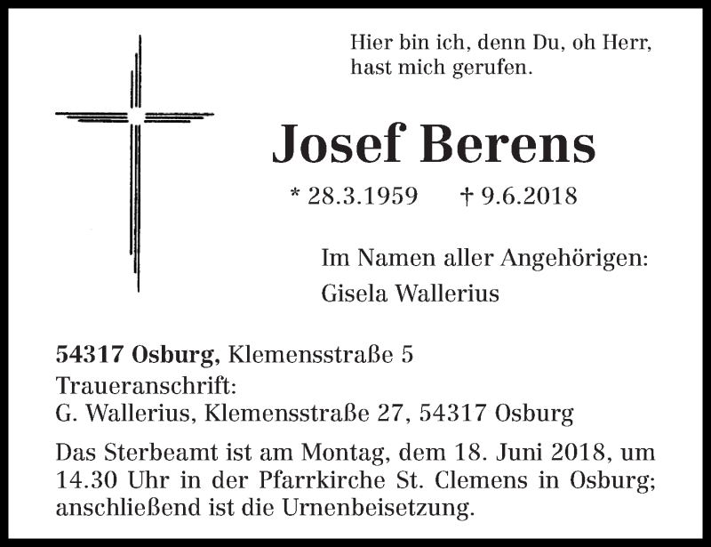  Traueranzeige für Josef Berens vom 13.06.2018 aus trierischer_volksfreund