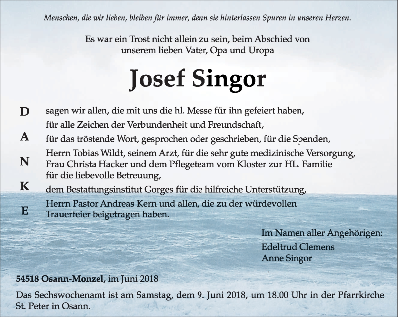  Traueranzeige für Josef Singor vom 02.06.2018 aus trierischer_volksfreund